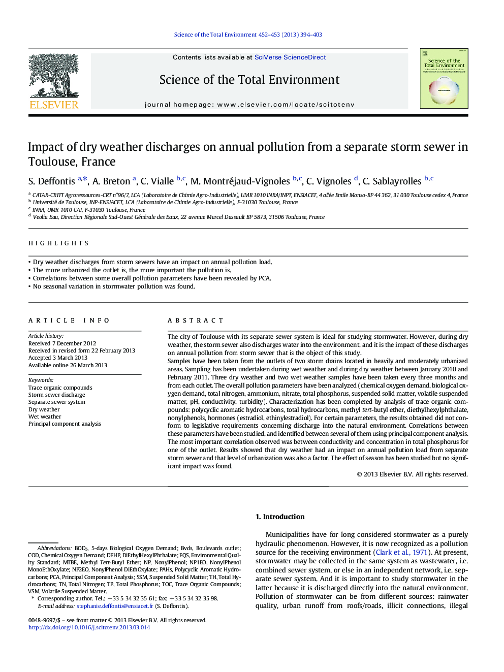 Impact of dry weather discharges on annual pollution from a separate storm sewer in Toulouse, France