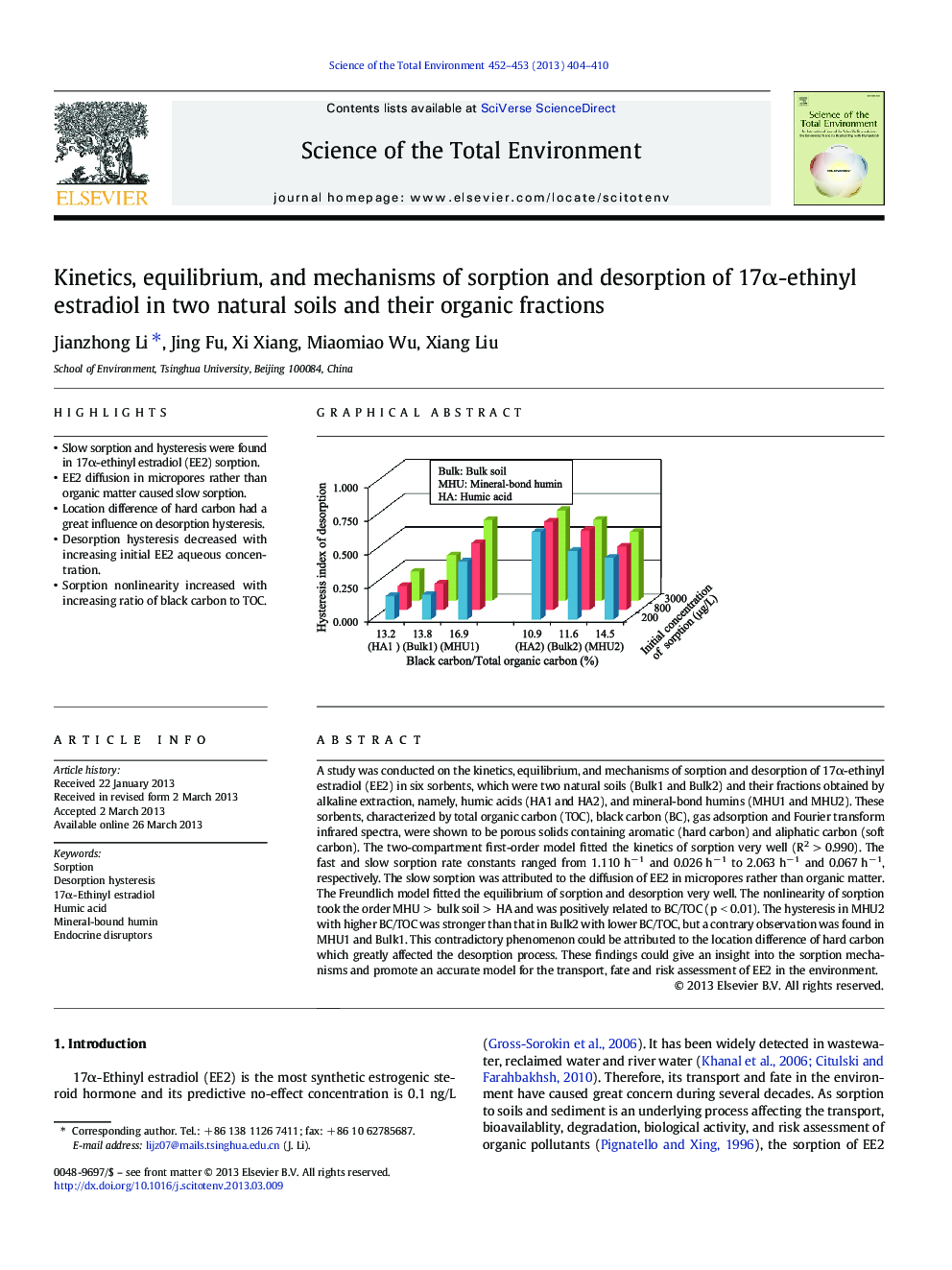 Kinetics, equilibrium, and mechanisms of sorption and desorption of 17α-ethinyl estradiol in two natural soils and their organic fractions