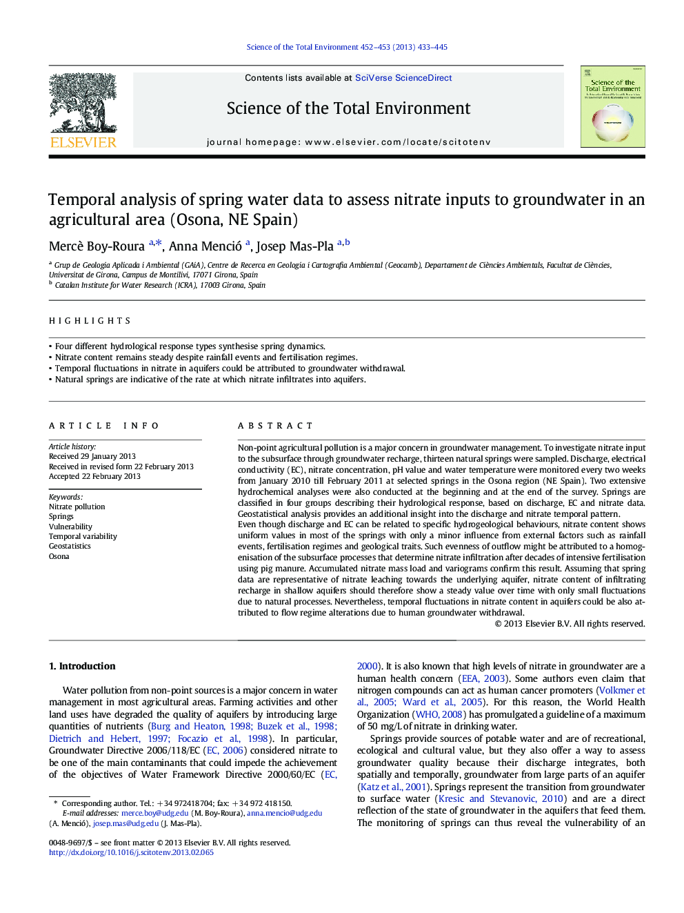 Temporal analysis of spring water data to assess nitrate inputs to groundwater in an agricultural area (Osona, NE Spain)