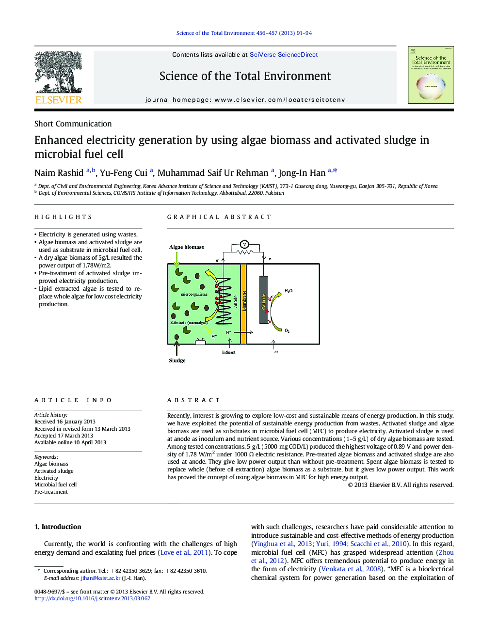 Enhanced electricity generation by using algae biomass and activated sludge in microbial fuel cell