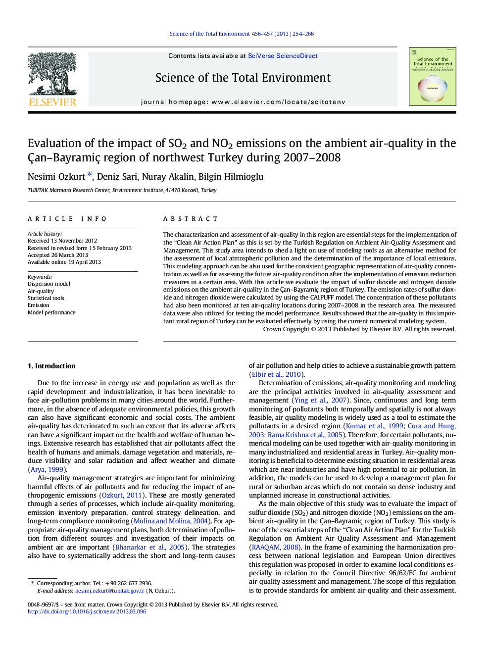 Evaluation of the impact of SO2 and NO2 emissions on the ambient air-quality in the Çan–Bayramiç region of northwest Turkey during 2007–2008