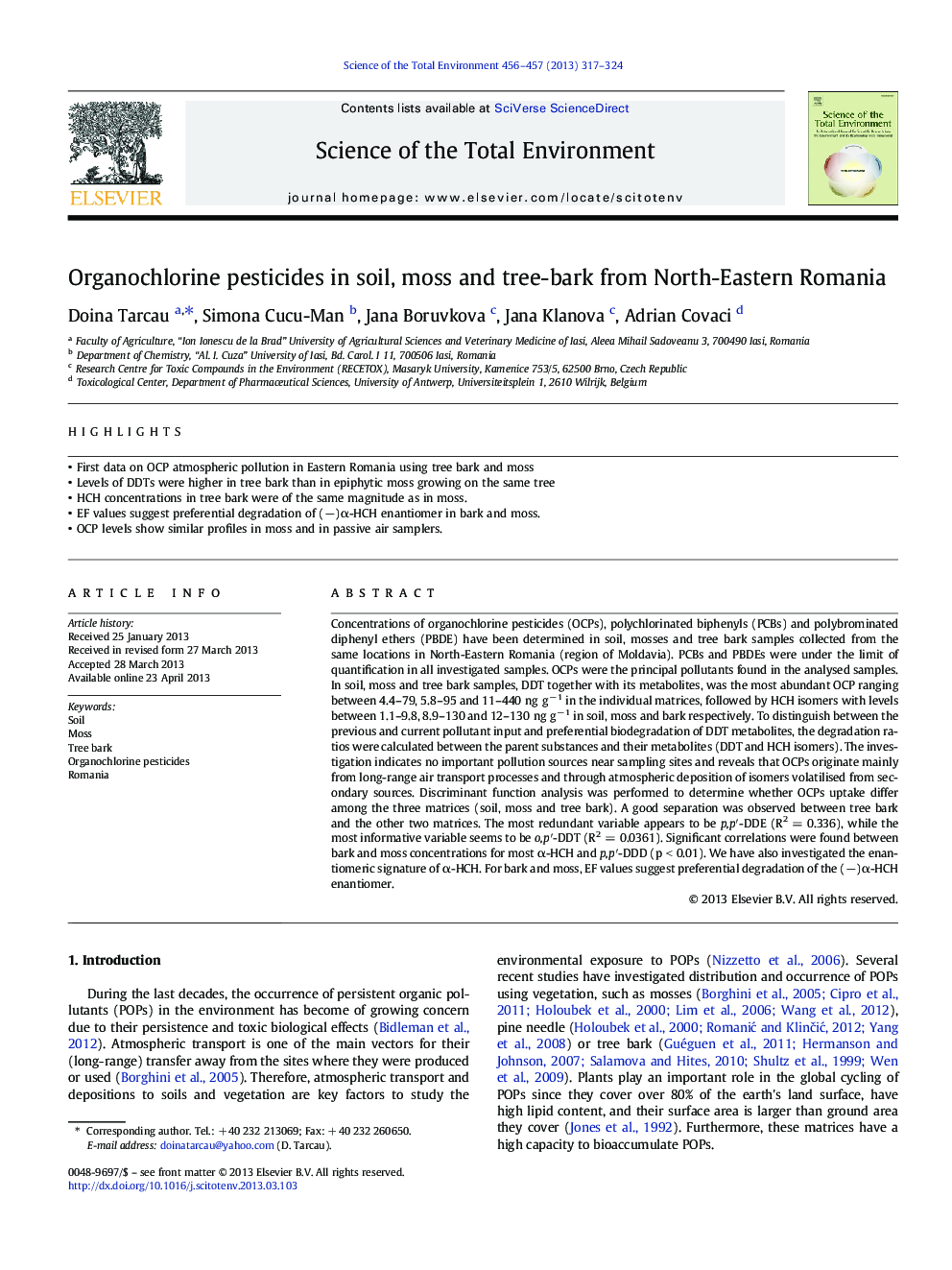 Organochlorine pesticides in soil, moss and tree-bark from North-Eastern Romania