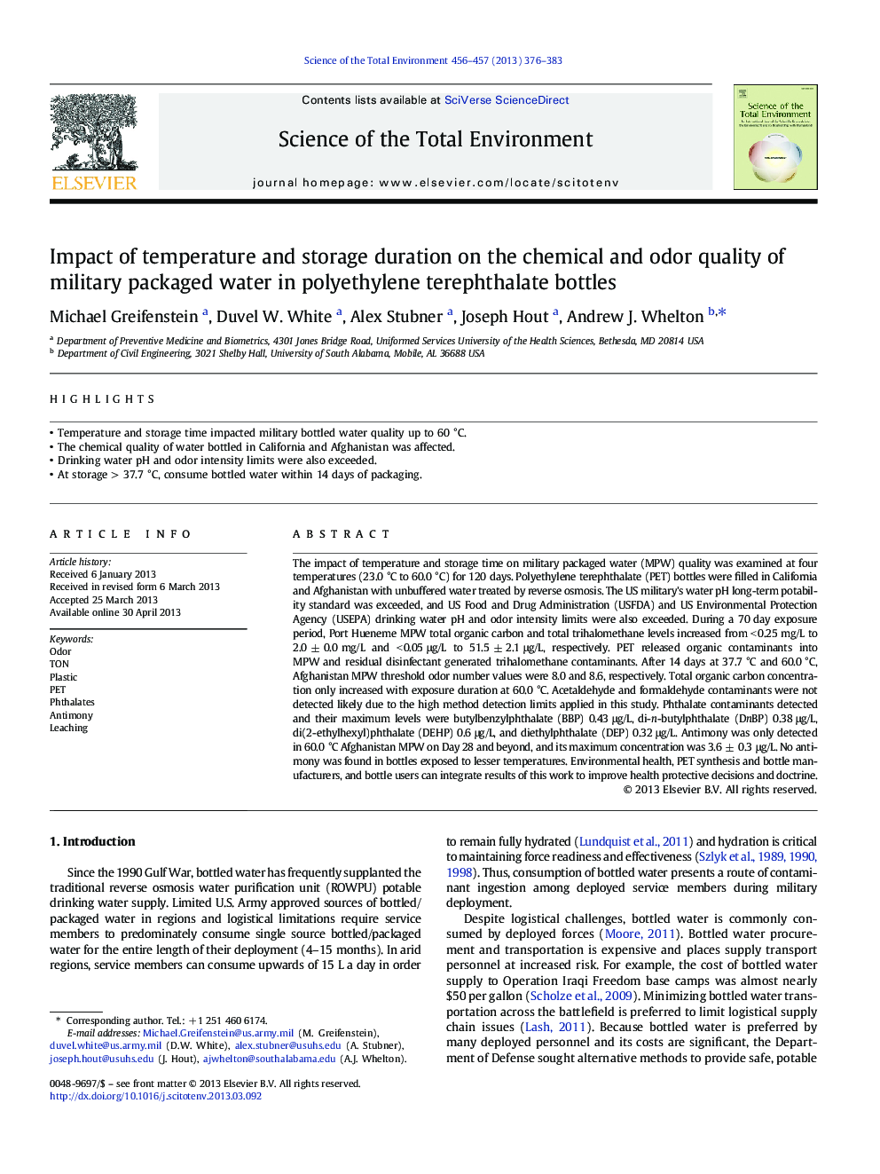 Impact of temperature and storage duration on the chemical and odor quality of military packaged water in polyethylene terephthalate bottles