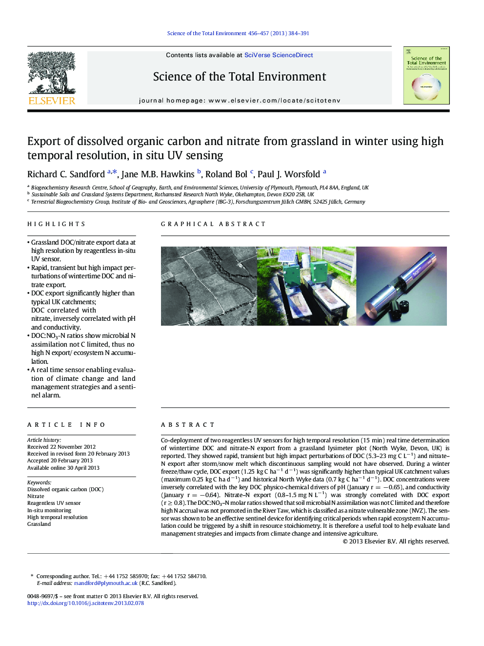 Export of dissolved organic carbon and nitrate from grassland in winter using high temporal resolution, in situ UV sensing