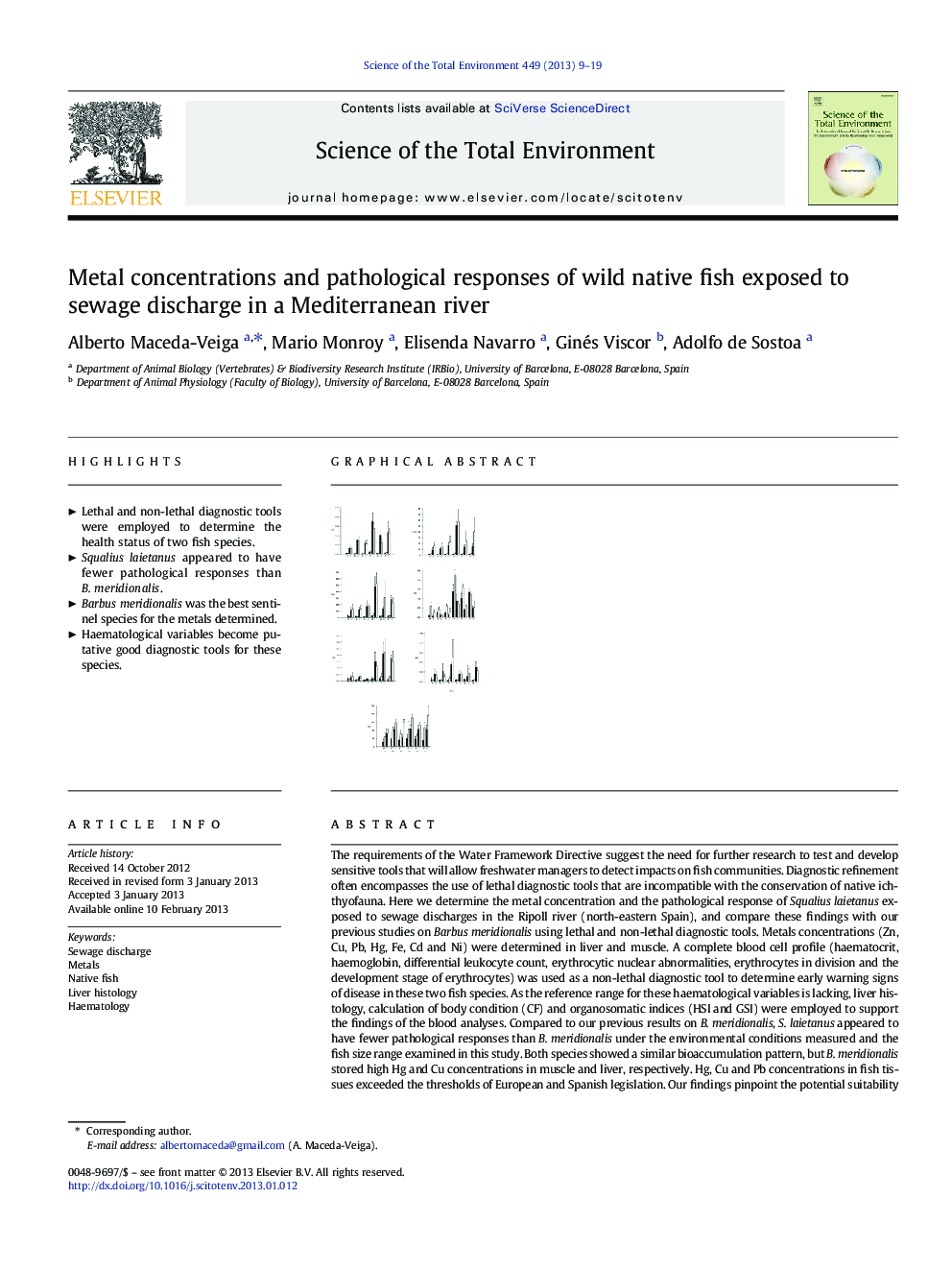 Metal concentrations and pathological responses of wild native fish exposed to sewage discharge in a Mediterranean river