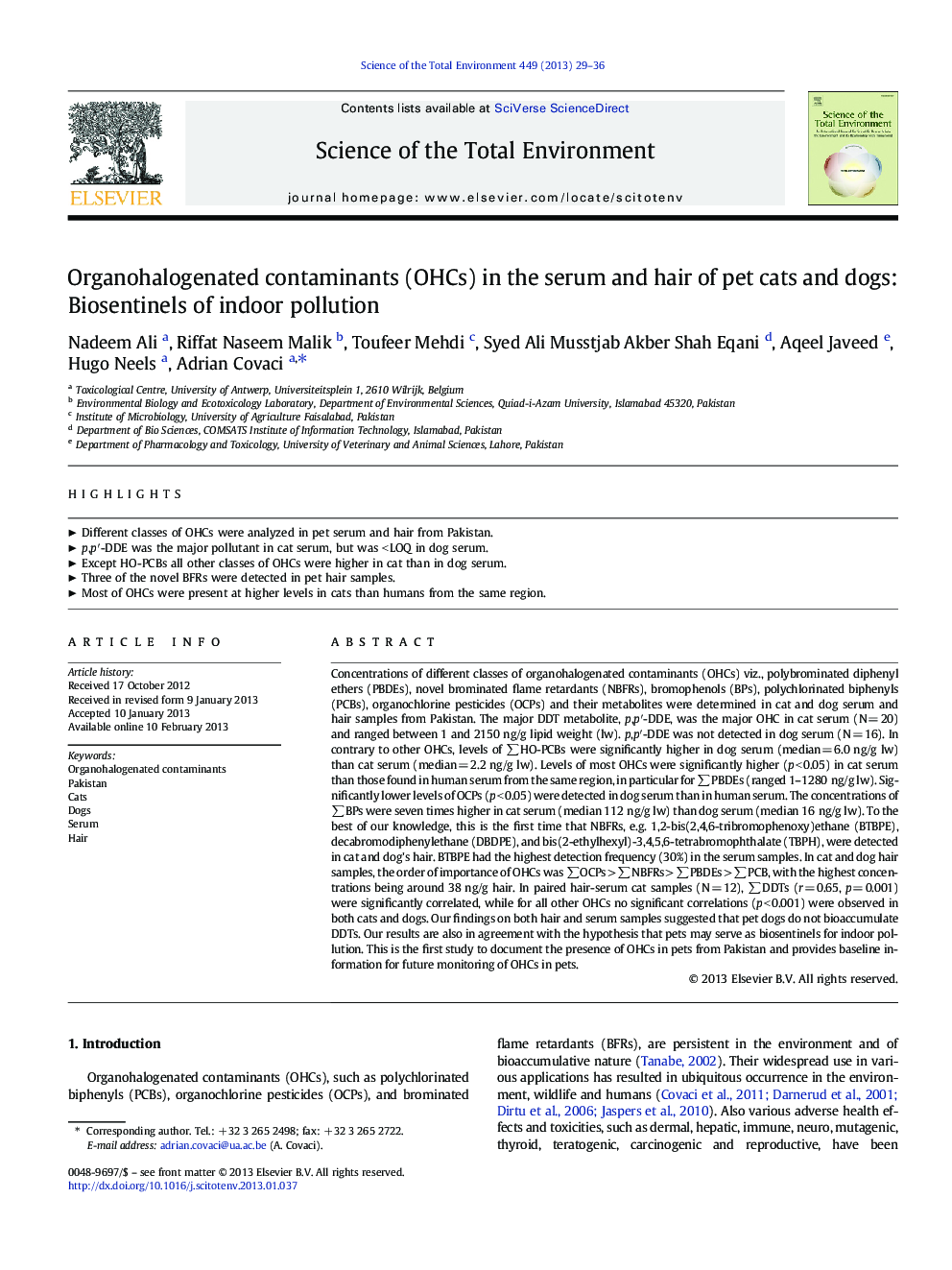 Organohalogenated contaminants (OHCs) in the serum and hair of pet cats and dogs: Biosentinels of indoor pollution