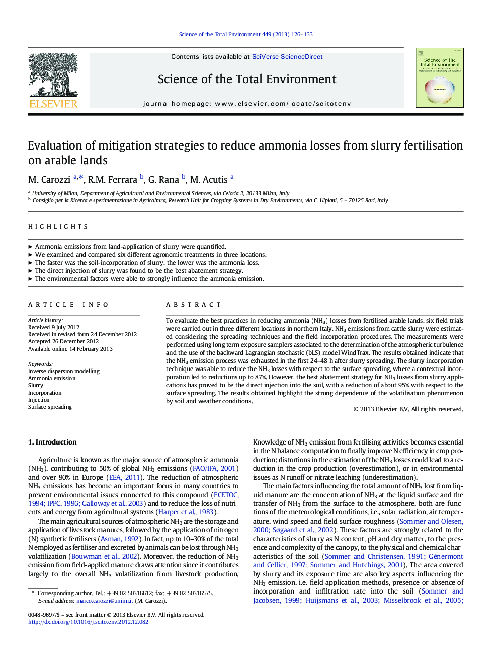 Evaluation of mitigation strategies to reduce ammonia losses from slurry fertilisation on arable lands
