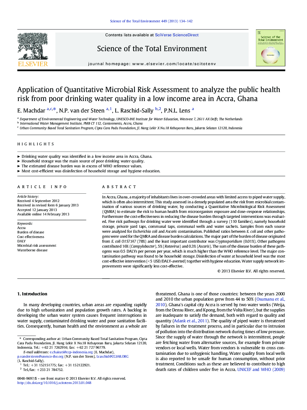 Application of Quantitative Microbial Risk Assessment to analyze the public health risk from poor drinking water quality in a low income area in Accra, Ghana