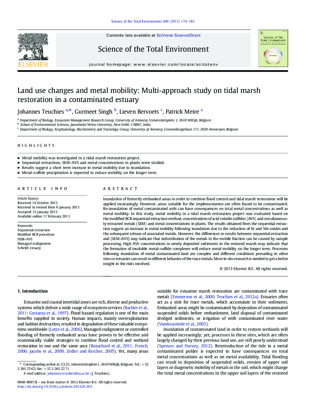 Land use changes and metal mobility: Multi-approach study on tidal marsh restoration in a contaminated estuary