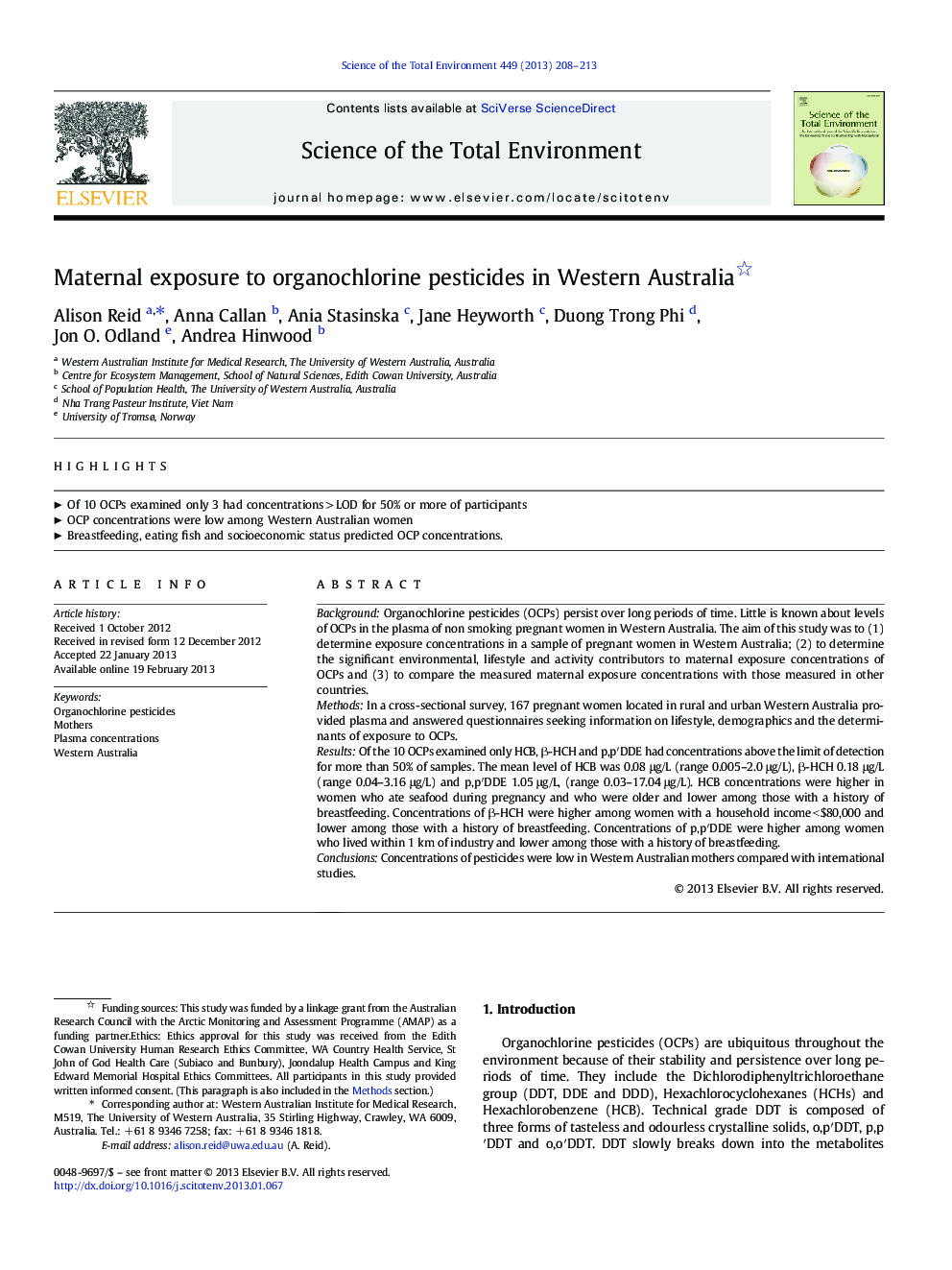 Maternal exposure to organochlorine pesticides in Western Australia 