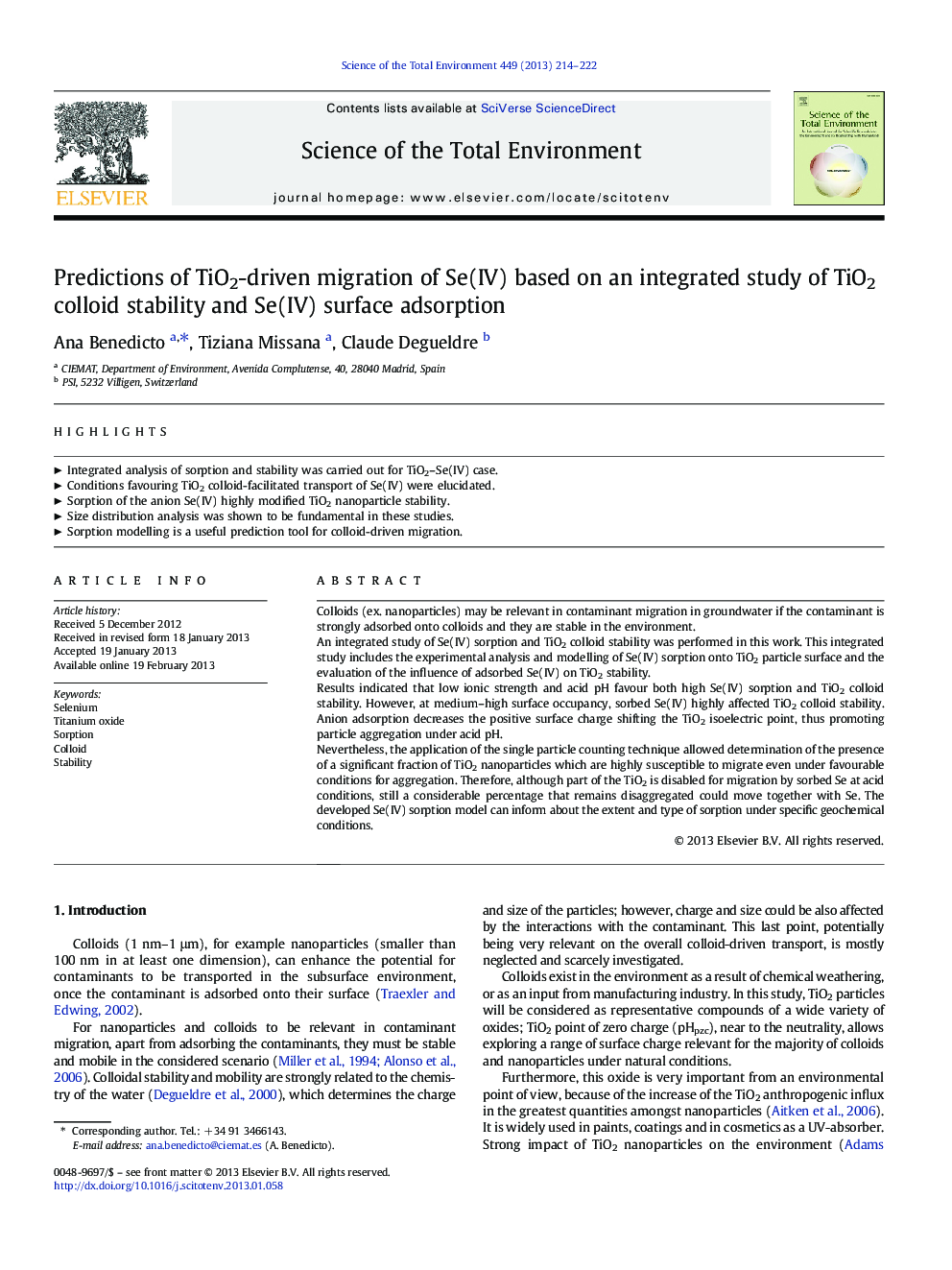 Predictions of TiO2-driven migration of Se(IV) based on an integrated study of TiO2 colloid stability and Se(IV) surface adsorption