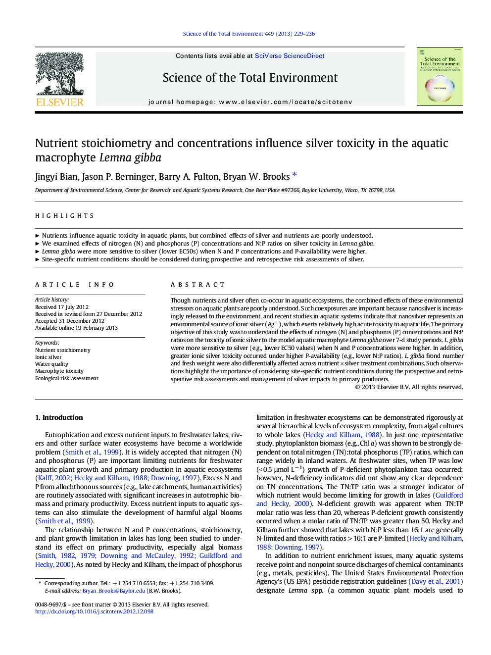 Nutrient stoichiometry and concentrations influence silver toxicity in the aquatic macrophyte Lemna gibba