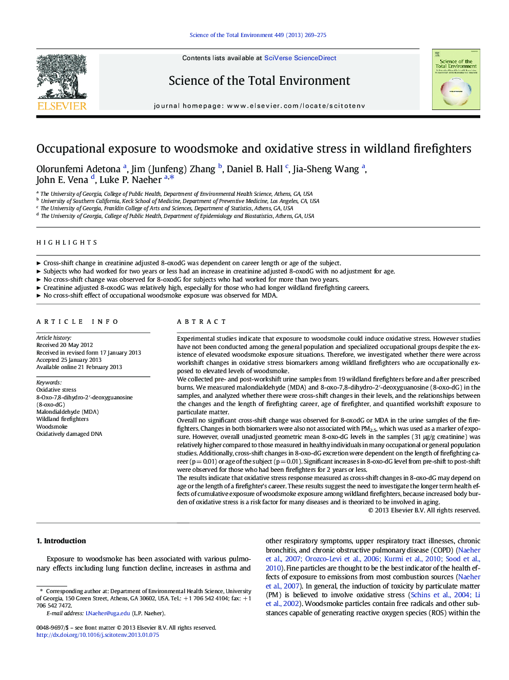 Occupational exposure to woodsmoke and oxidative stress in wildland firefighters