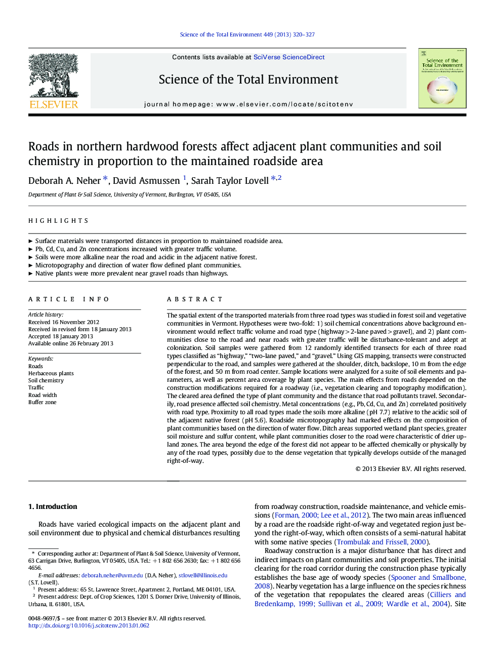 Roads in northern hardwood forests affect adjacent plant communities and soil chemistry in proportion to the maintained roadside area