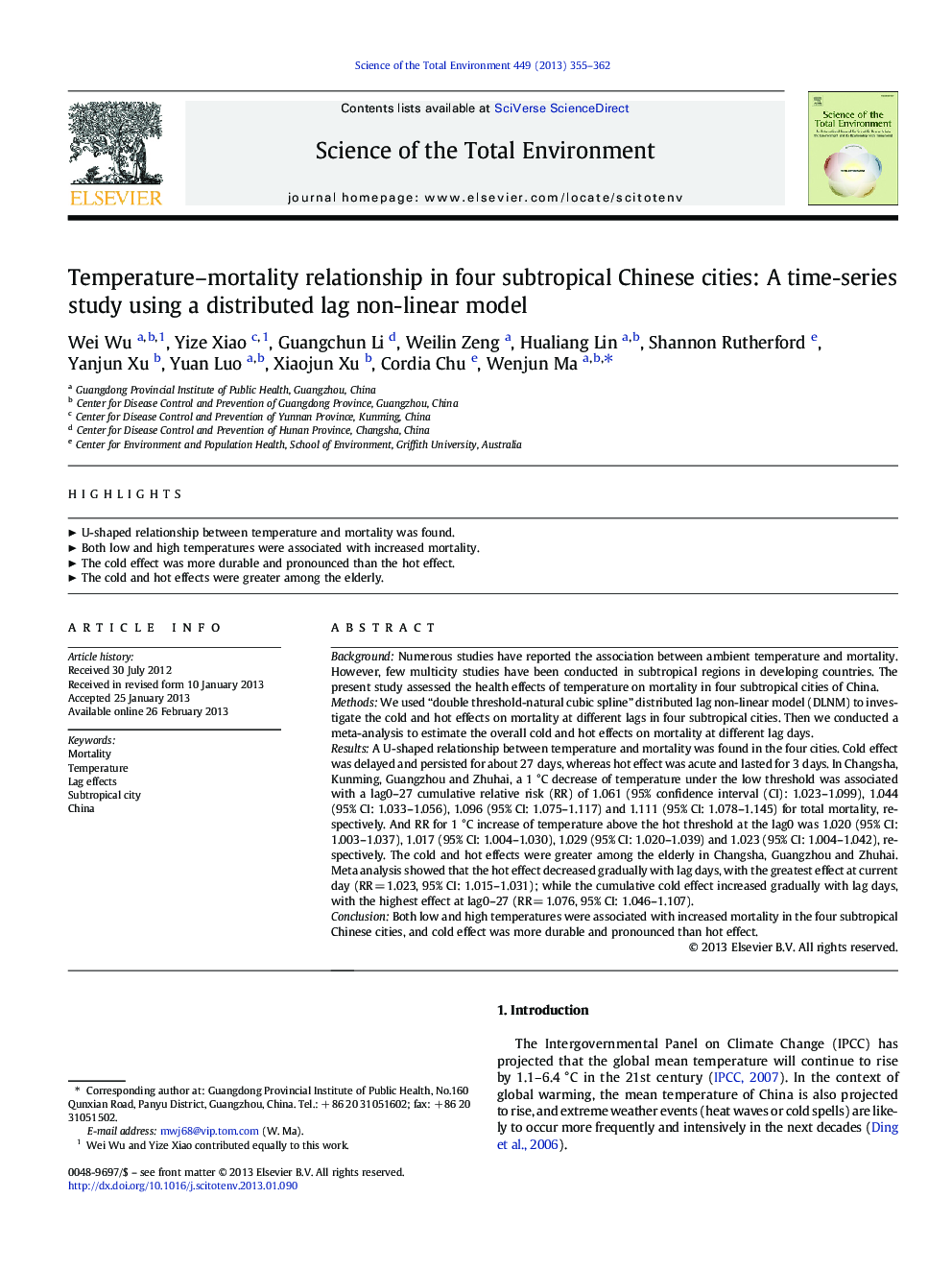 Temperature–mortality relationship in four subtropical Chinese cities: A time-series study using a distributed lag non-linear model