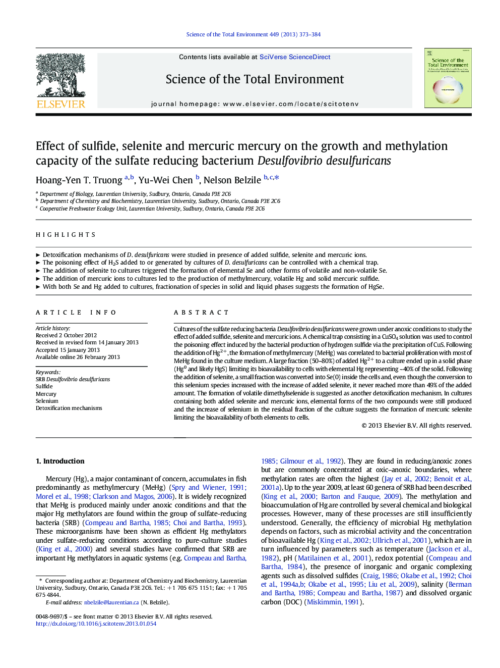 Effect of sulfide, selenite and mercuric mercury on the growth and methylation capacity of the sulfate reducing bacterium Desulfovibrio desulfuricans