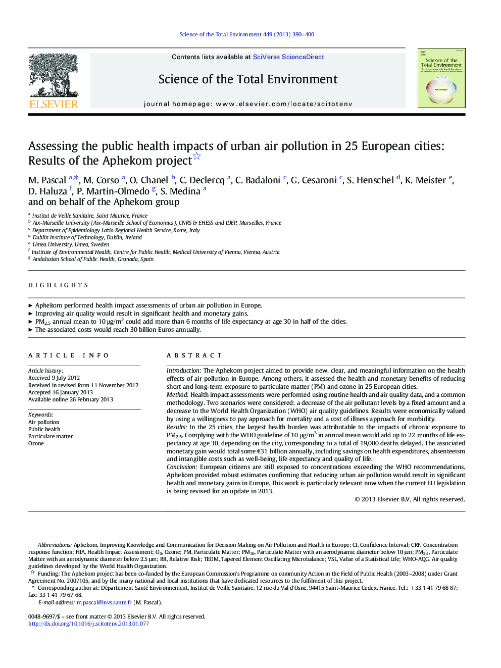 Assessing the public health impacts of urban air pollution in 25 European cities: Results of the Aphekom project 