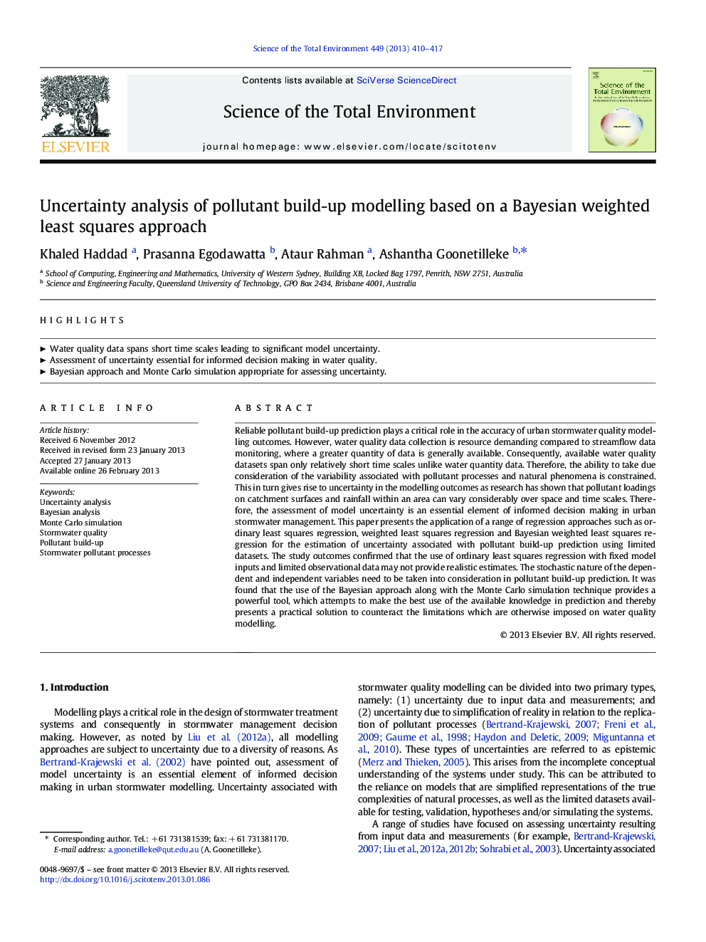 Uncertainty analysis of pollutant build-up modelling based on a Bayesian weighted least squares approach