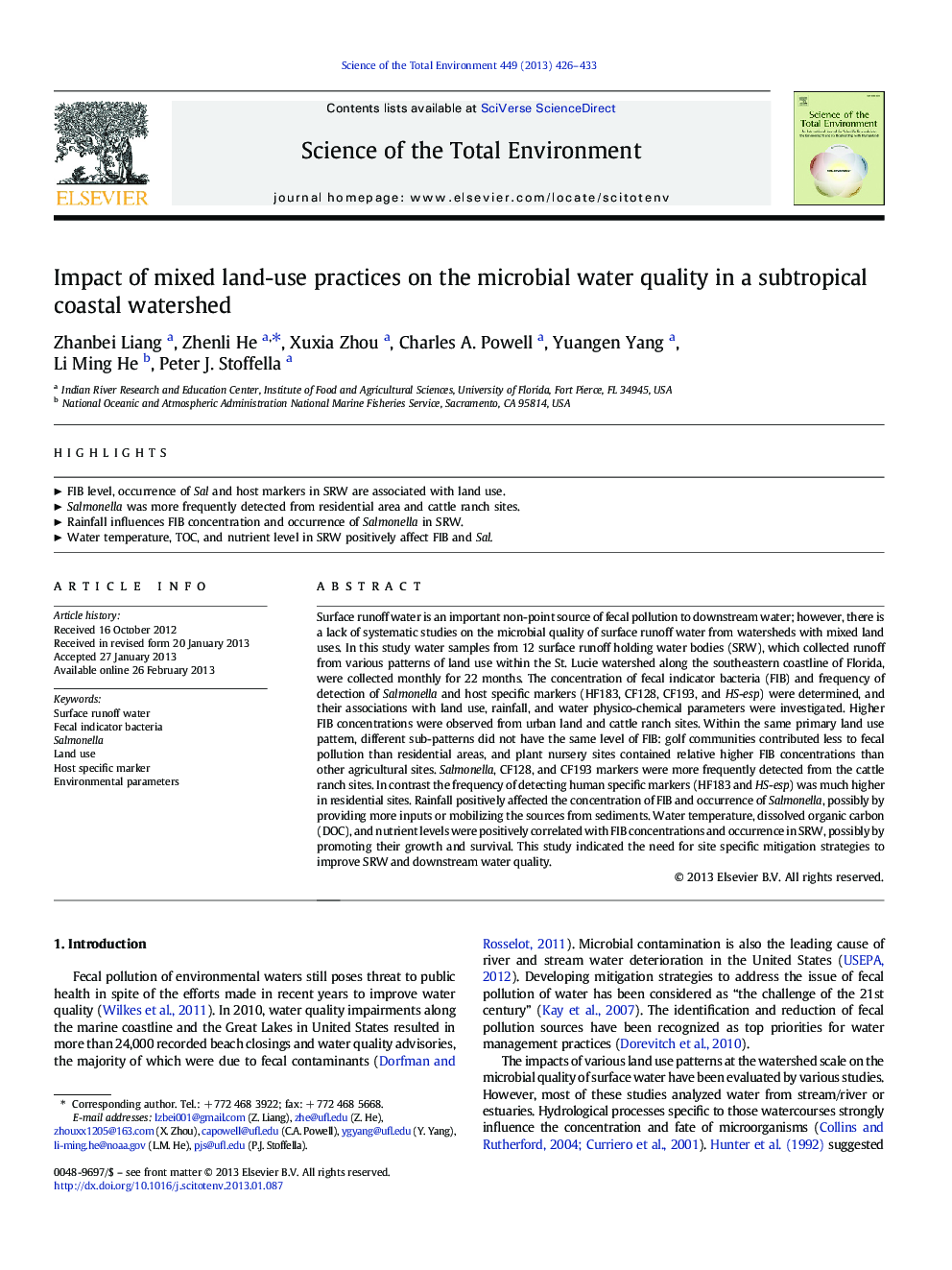 Impact of mixed land-use practices on the microbial water quality in a subtropical coastal watershed