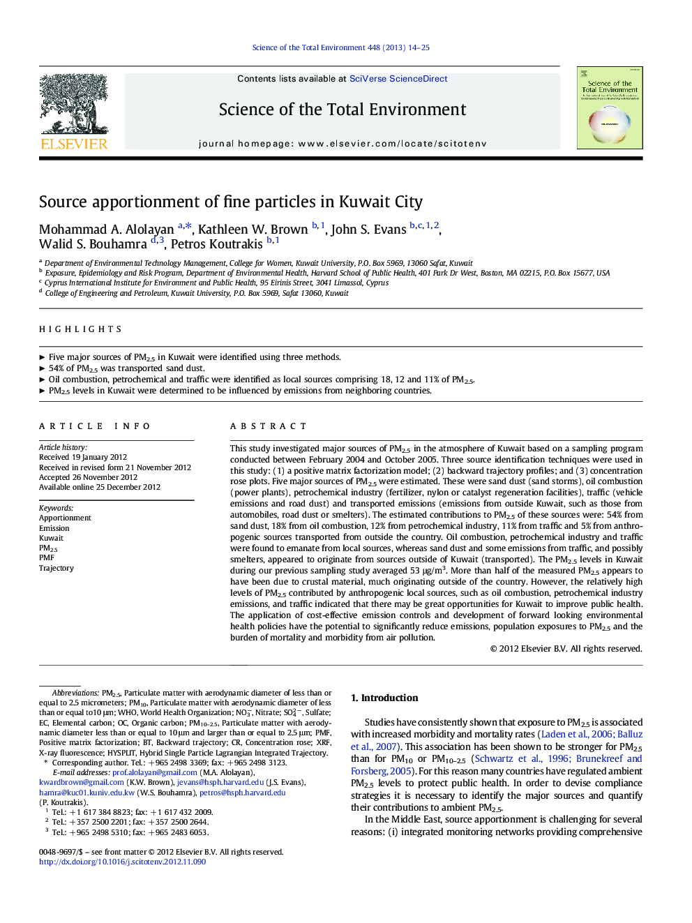 عکس صفحه اول مقاله: Source apportionment of fine particles in Kuwait City Source apportionment of fine particles in Kuwait City