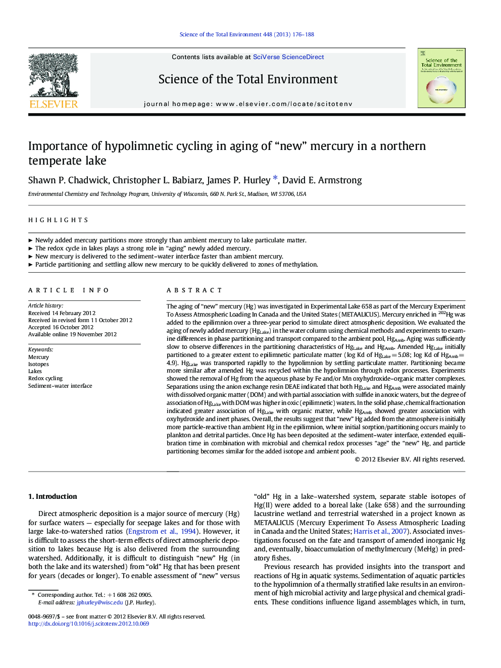 Importance of hypolimnetic cycling in aging of “new” mercury in a northern temperate lake