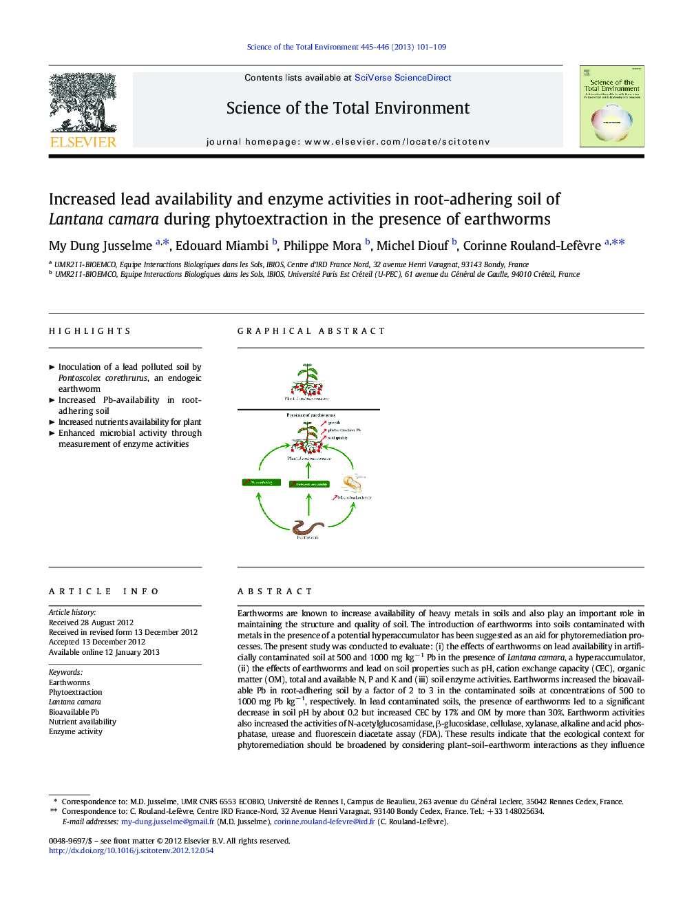 Increased lead availability and enzyme activities in root-adhering soil of Lantana camara during phytoextraction in the presence of earthworms