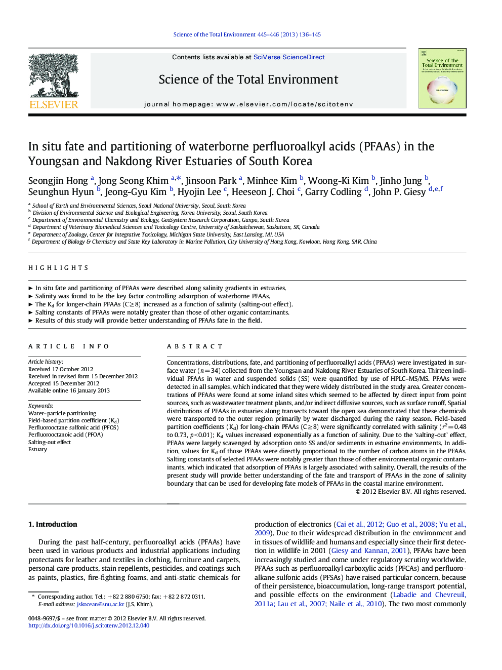 In situ fate and partitioning of waterborne perfluoroalkyl acids (PFAAs) in the Youngsan and Nakdong River Estuaries of South Korea