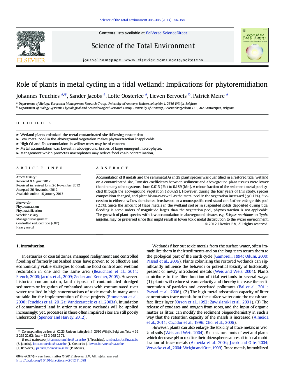 Role of plants in metal cycling in a tidal wetland: Implications for phytoremidiation