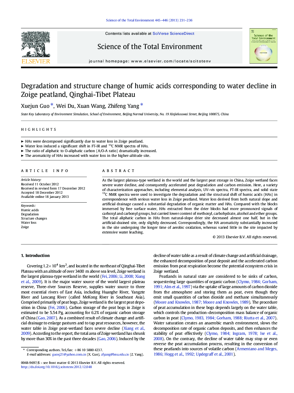 Degradation and structure change of humic acids corresponding to water decline in Zoige peatland, Qinghai-Tibet Plateau