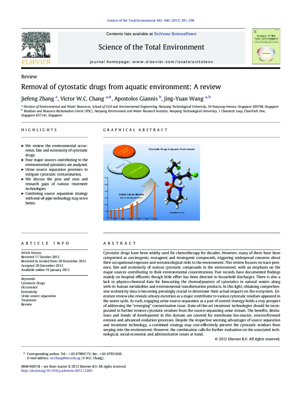 Removal of cytostatic drugs from aquatic environment: A review