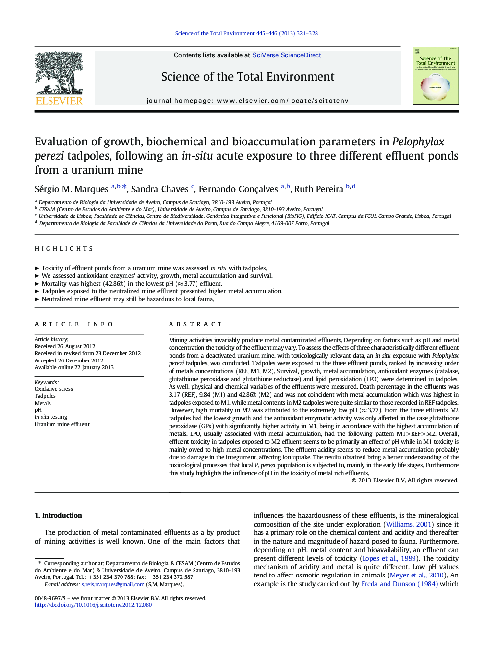 Evaluation of growth, biochemical and bioaccumulation parameters in Pelophylax perezi tadpoles, following an in-situ acute exposure to three different effluent ponds from a uranium mine