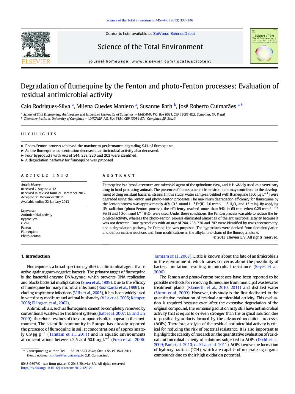 Degradation of flumequine by the Fenton and photo-Fenton processes: Evaluation of residual antimicrobial activity