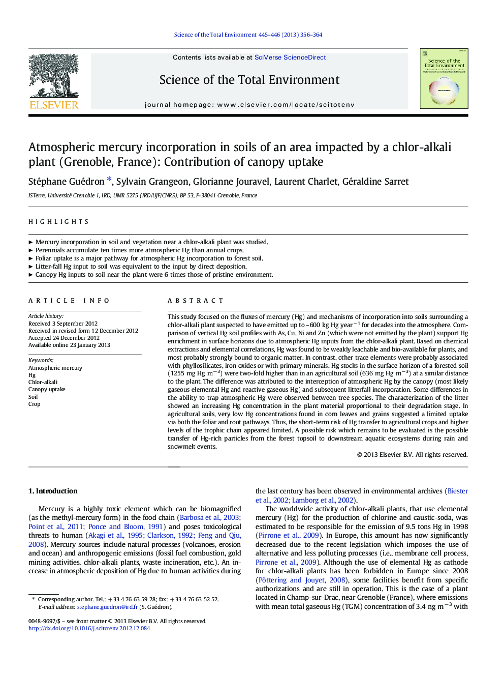 Atmospheric mercury incorporation in soils of an area impacted by a chlor-alkali plant (Grenoble, France): Contribution of canopy uptake