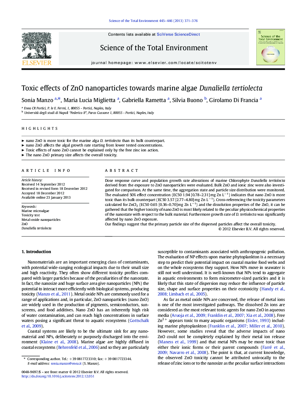 Toxic effects of ZnO nanoparticles towards marine algae Dunaliella tertiolecta