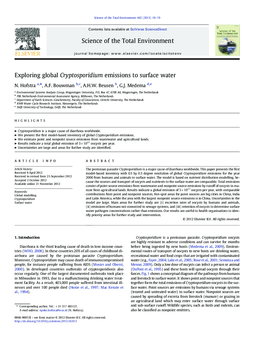 Exploring global Cryptosporidium emissions to surface water