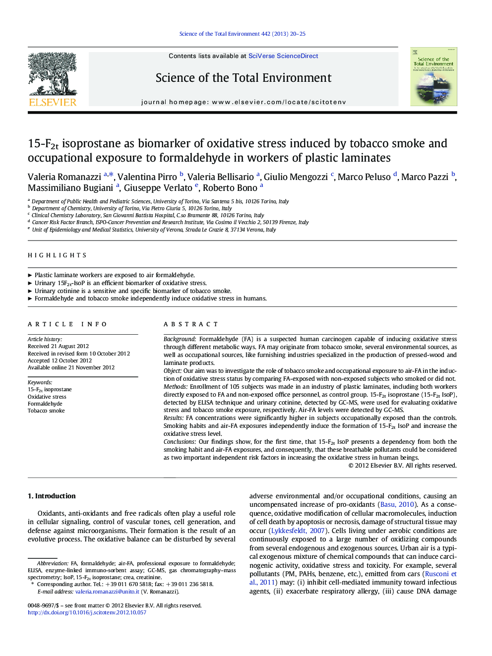 15-F2t isoprostane as biomarker of oxidative stress induced by tobacco smoke and occupational exposure to formaldehyde in workers of plastic laminates