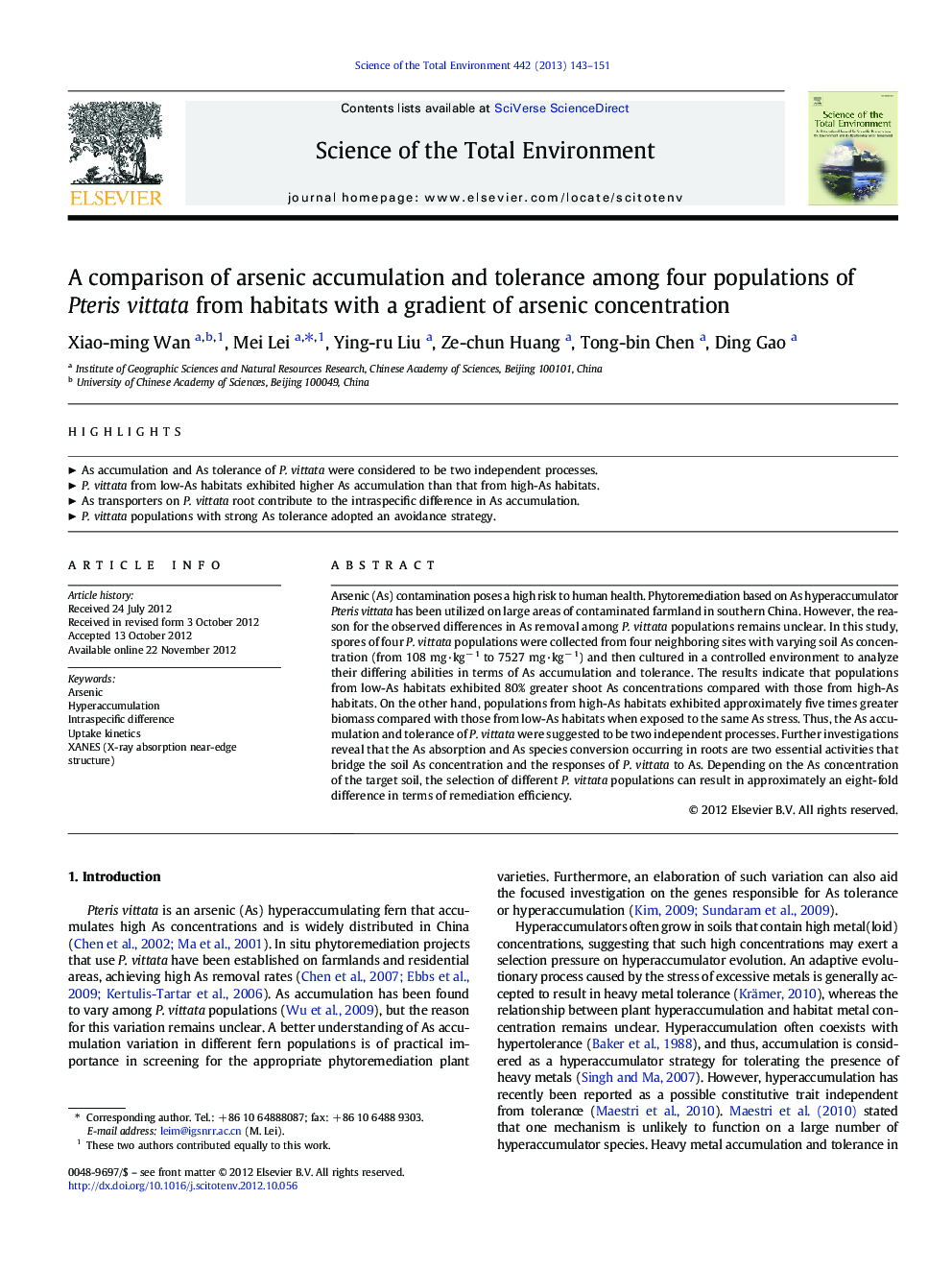 A comparison of arsenic accumulation and tolerance among four populations of Pteris vittata from habitats with a gradient of arsenic concentration