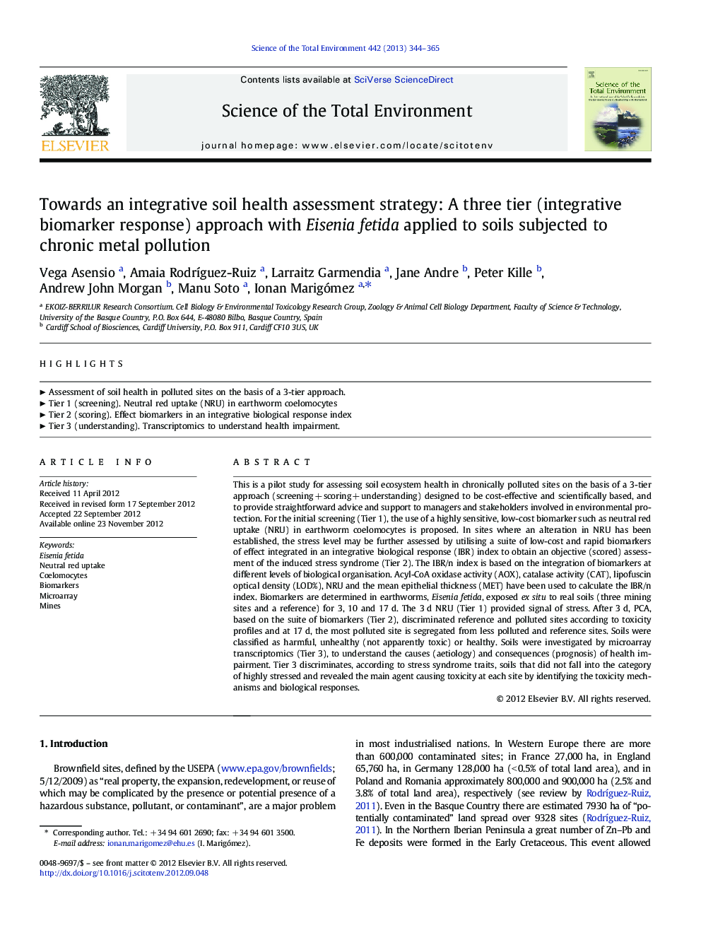 Towards an integrative soil health assessment strategy: A three tier (integrative biomarker response) approach with Eisenia fetida applied to soils subjected to chronic metal pollution