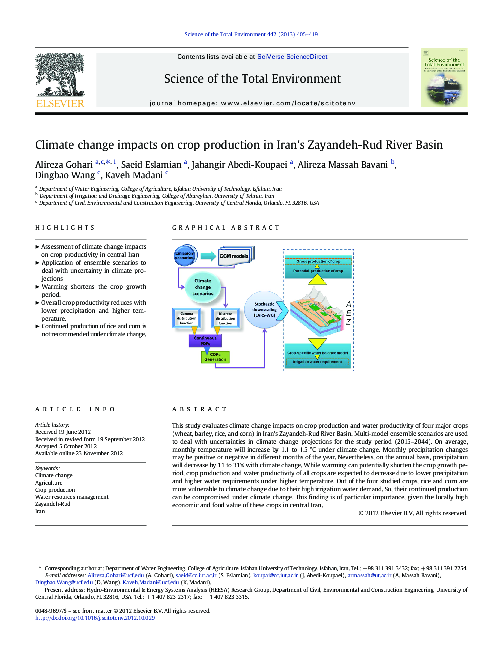 Climate change impacts on crop production in Iran's Zayandeh-Rud River Basin