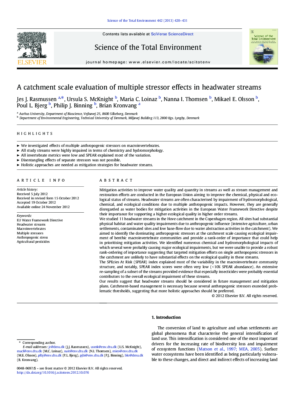 A catchment scale evaluation of multiple stressor effects in headwater streams