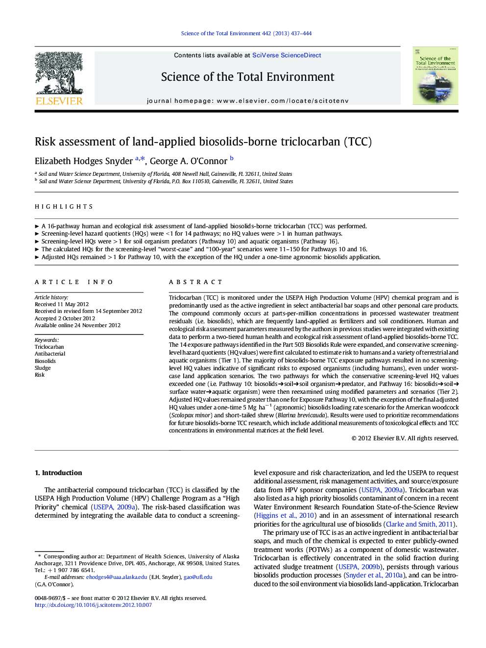 Risk assessment of land-applied biosolids-borne triclocarban (TCC)