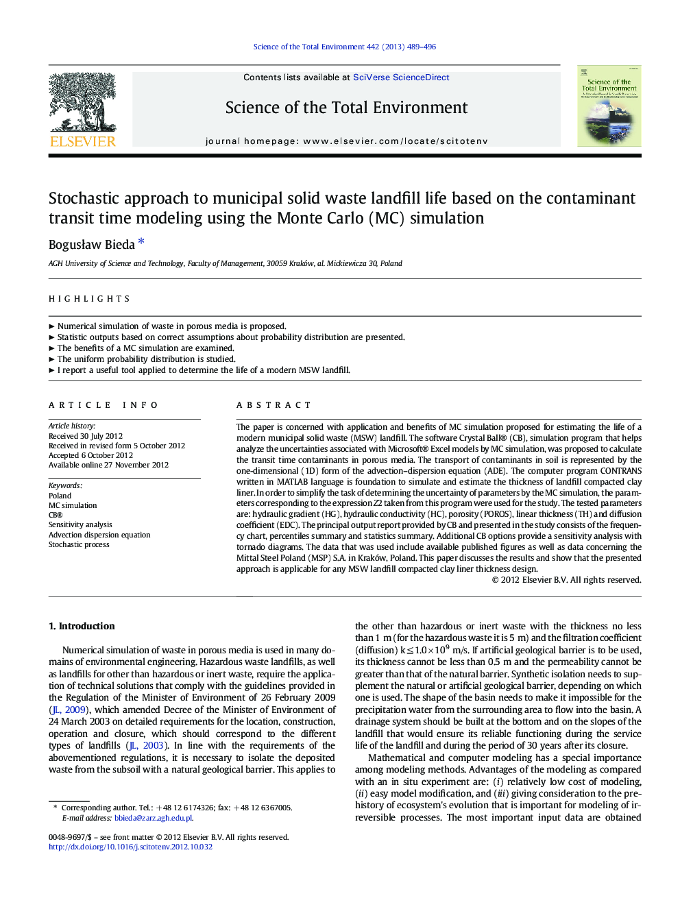 Stochastic approach to municipal solid waste landfill life based on the contaminant transit time modeling using the Monte Carlo (MC) simulation