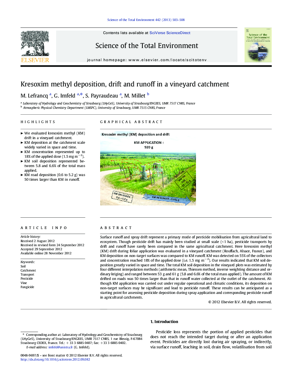 Kresoxim methyl deposition, drift and runoff in a vineyard catchment