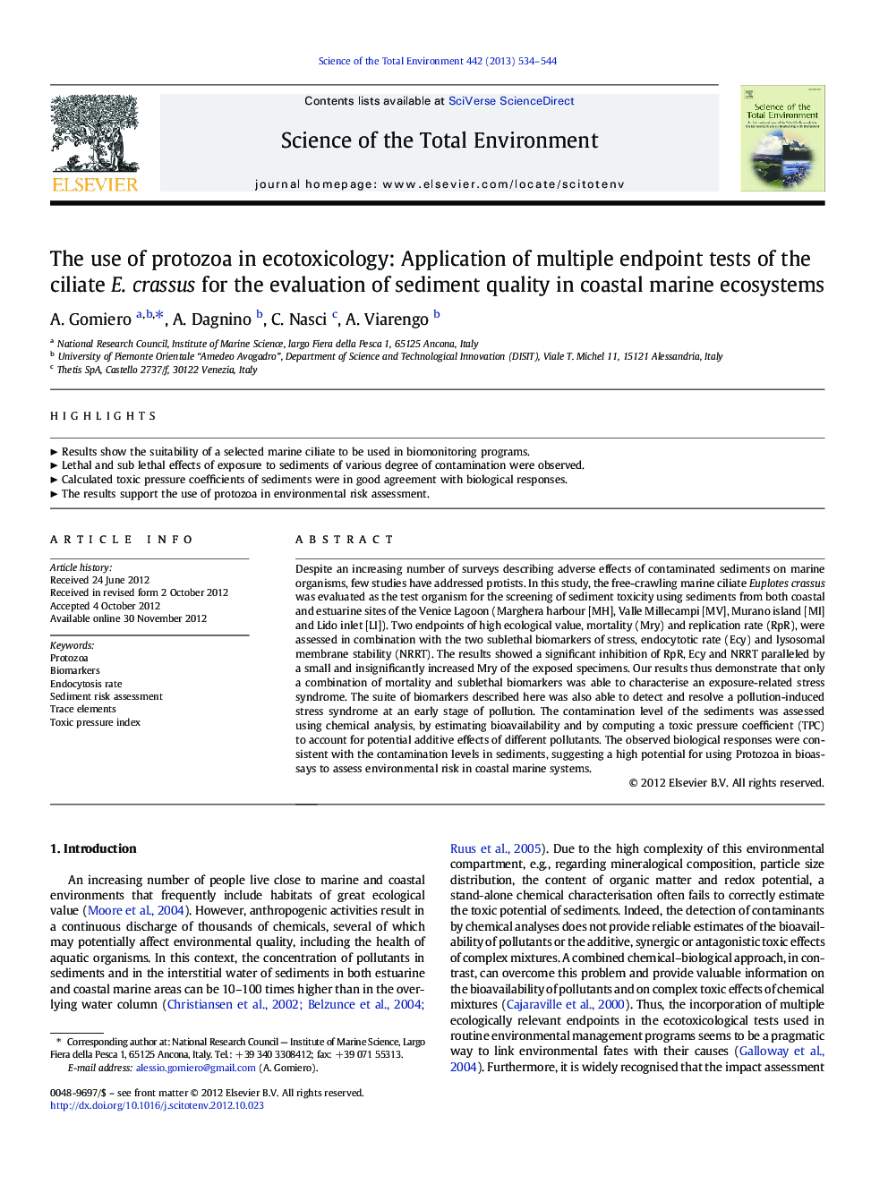 The use of protozoa in ecotoxicology: Application of multiple endpoint tests of the ciliate E. crassus for the evaluation of sediment quality in coastal marine ecosystems