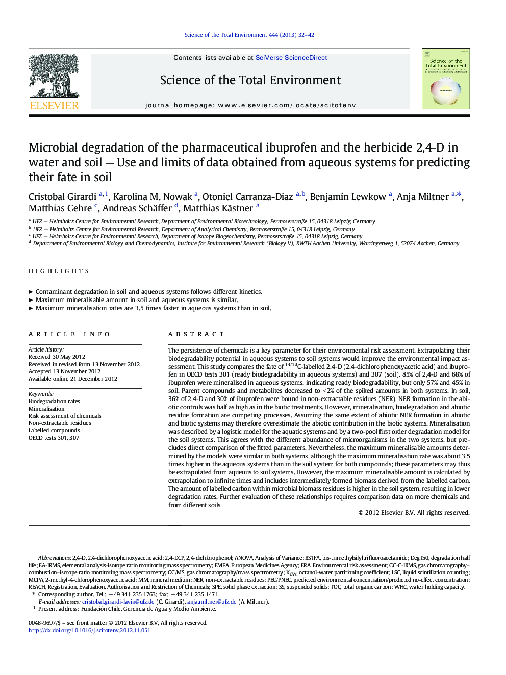 Microbial degradation of the pharmaceutical ibuprofen and the herbicide 2,4-D in water and soil — Use and limits of data obtained from aqueous systems for predicting their fate in soil