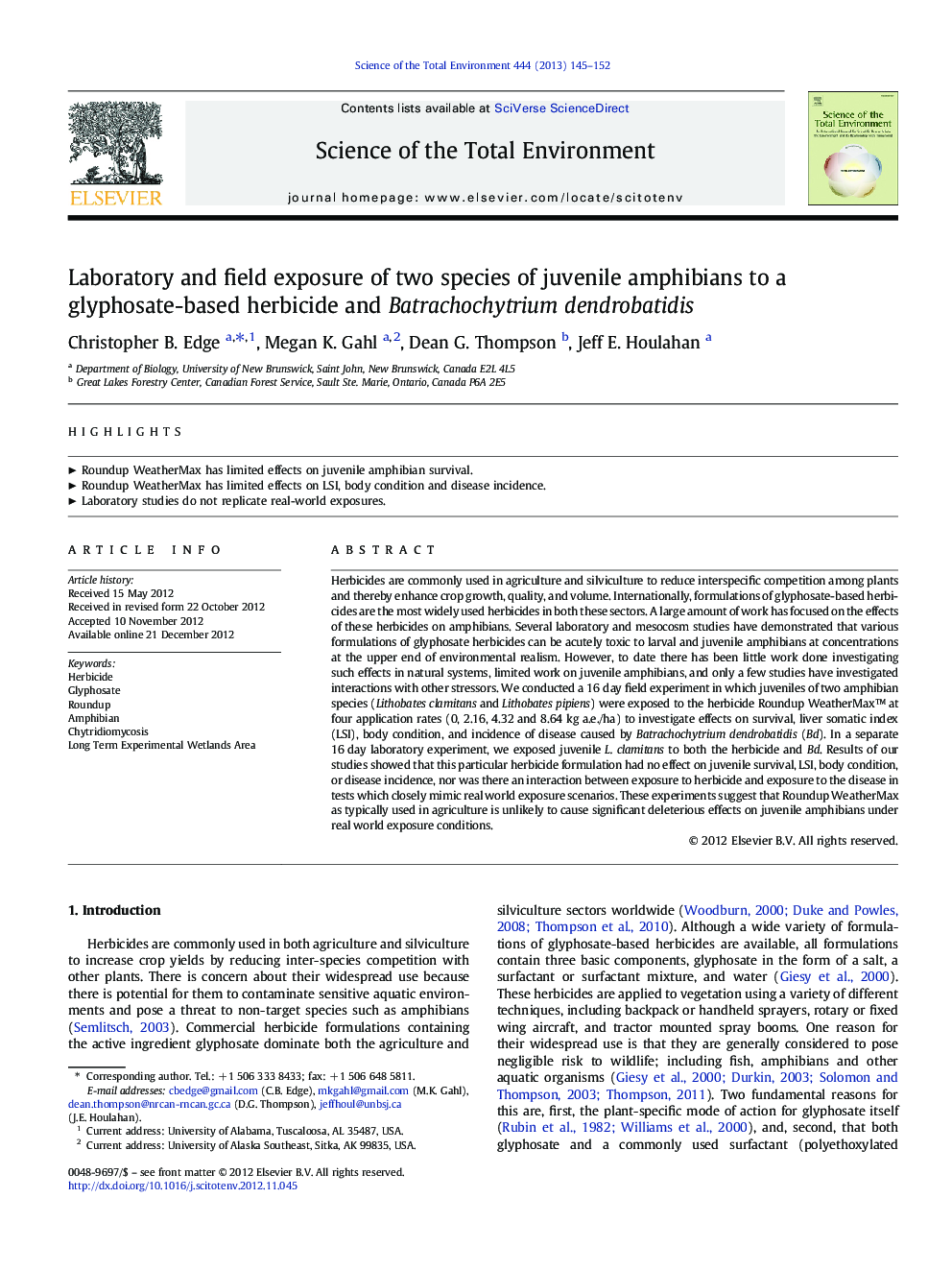 Laboratory and field exposure of two species of juvenile amphibians to a glyphosate-based herbicide and Batrachochytrium dendrobatidis