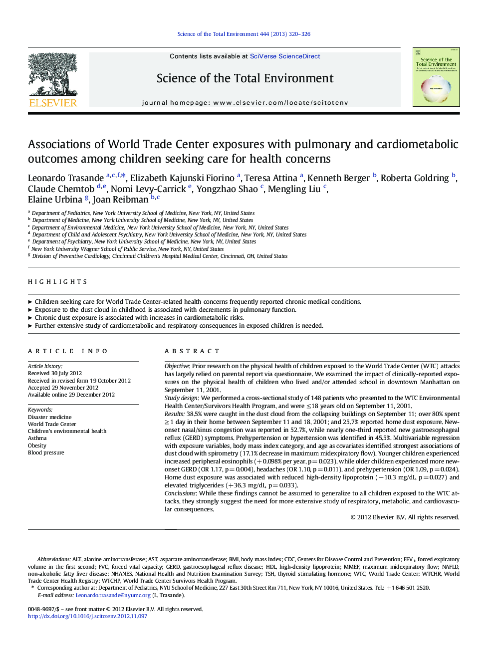 Associations of World Trade Center exposures with pulmonary and cardiometabolic outcomes among children seeking care for health concerns