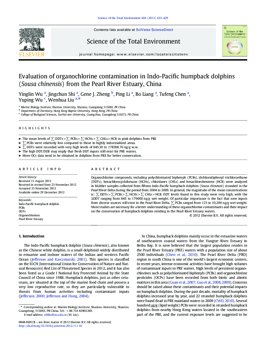 Evaluation of organochlorine contamination in Indo-Pacific humpback dolphins (Sousa chinensis) from the Pearl River Estuary, China