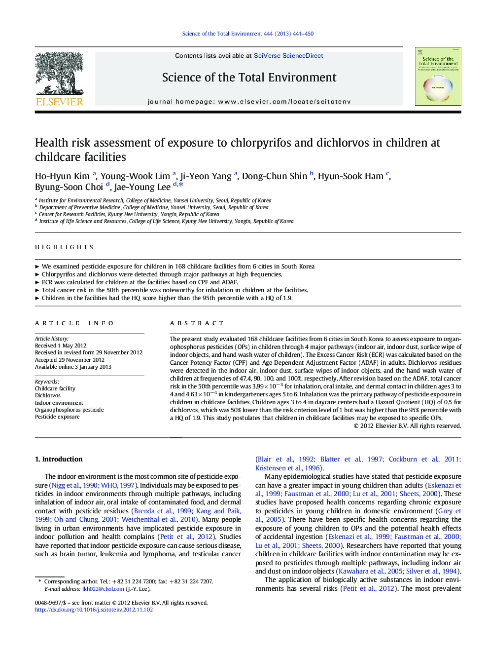 Health risk assessment of exposure to chlorpyrifos and dichlorvos in children at childcare facilities