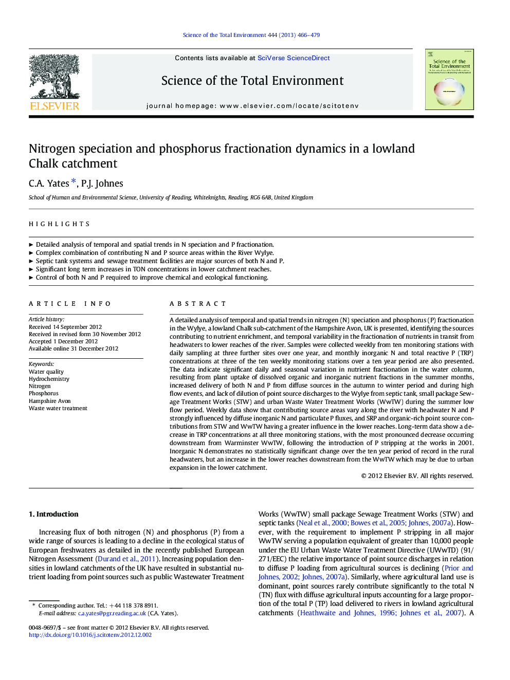 Nitrogen speciation and phosphorus fractionation dynamics in a lowland Chalk catchment